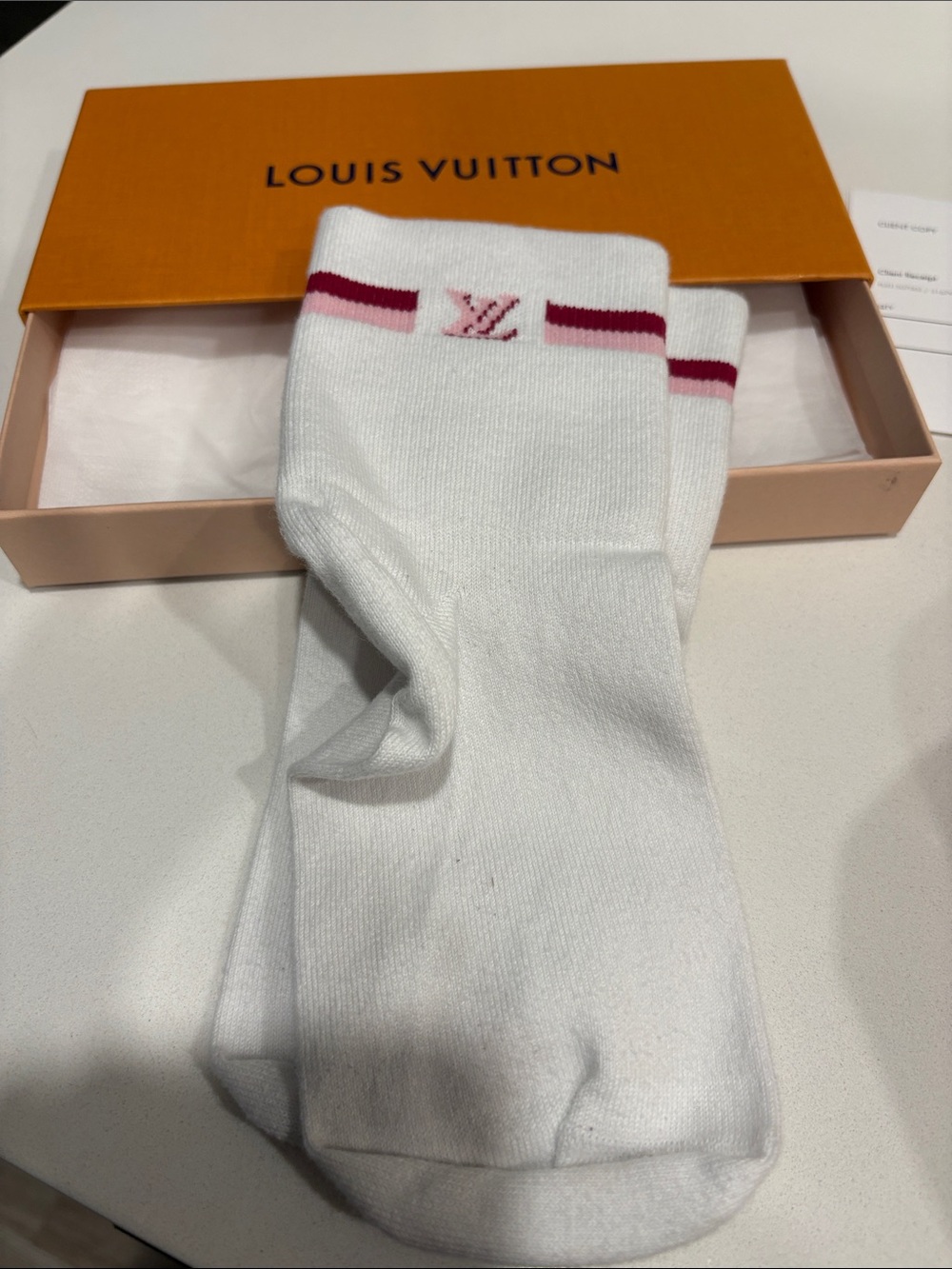 Louis Vuitton White Crew Socks with Pink Stripe and Monogram